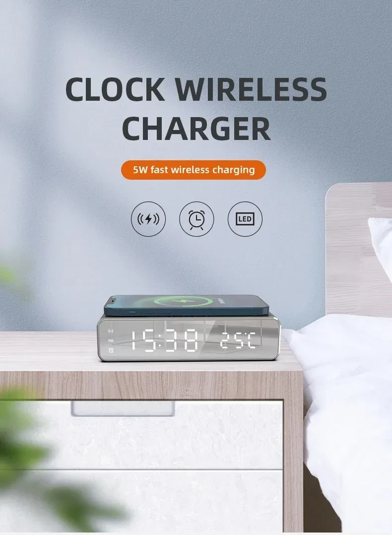 LED Electric Alarm Clock With Wireless Charger Desktop Digital Despertador Thermometer Clock HD Mirror Clock Watch Table Decor