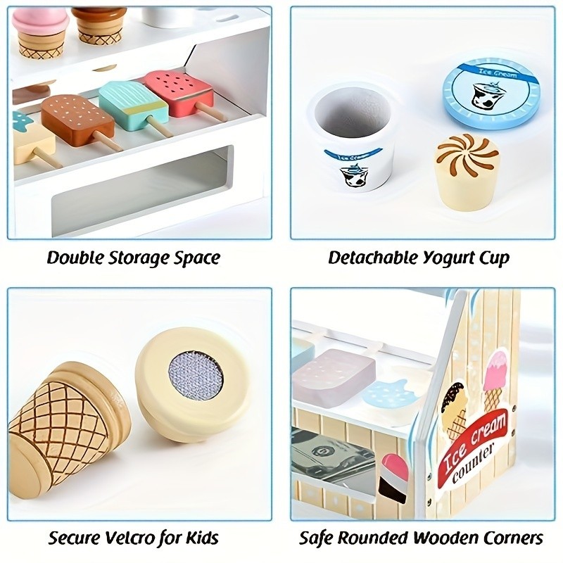 GENAI Ice Cream Counter Playset for Kids – Wooden Pretend Play Ice Cream Shop Fun