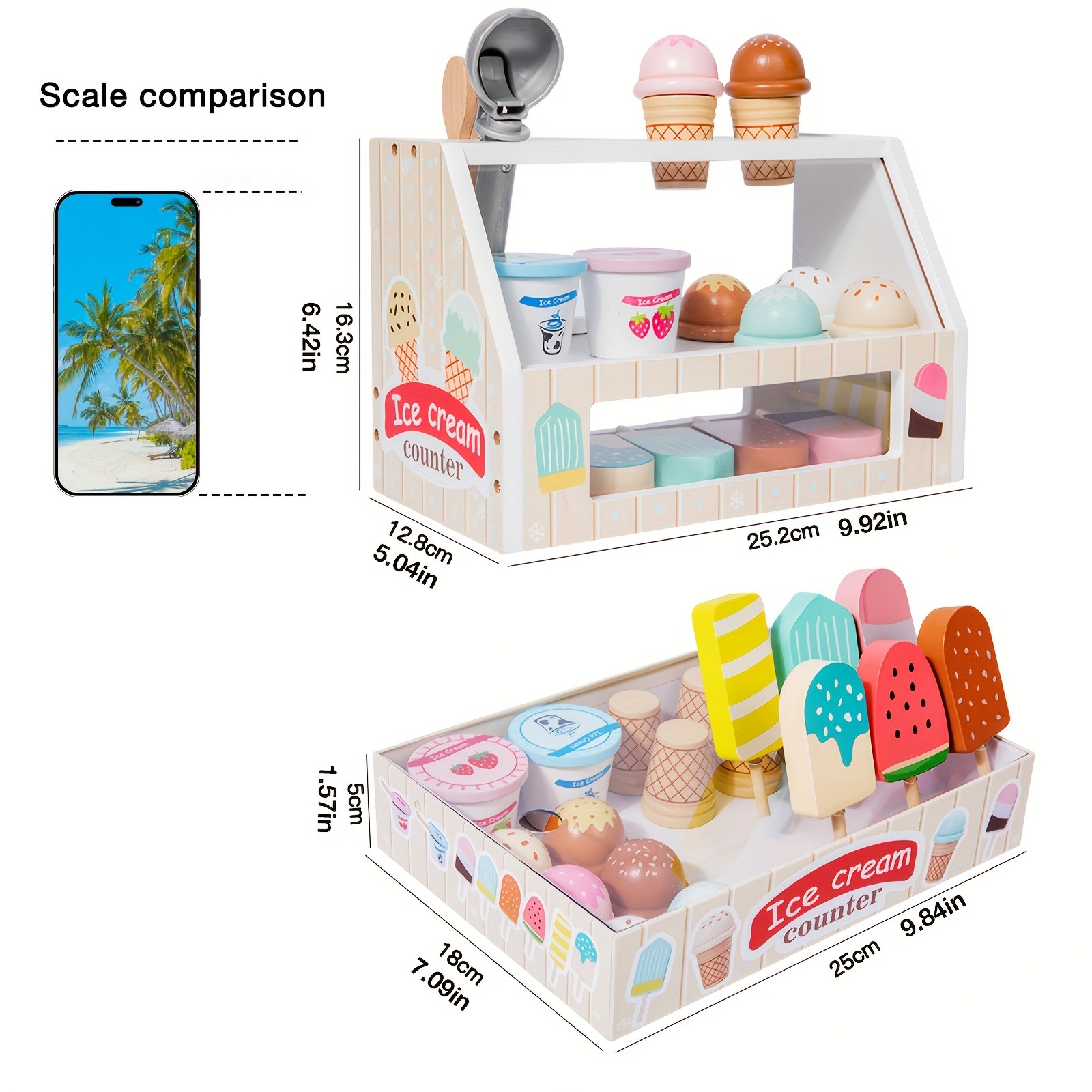 GENAI Ice Cream Counter Playset for Kids – Wooden Pretend Play Ice Cream Shop Fun