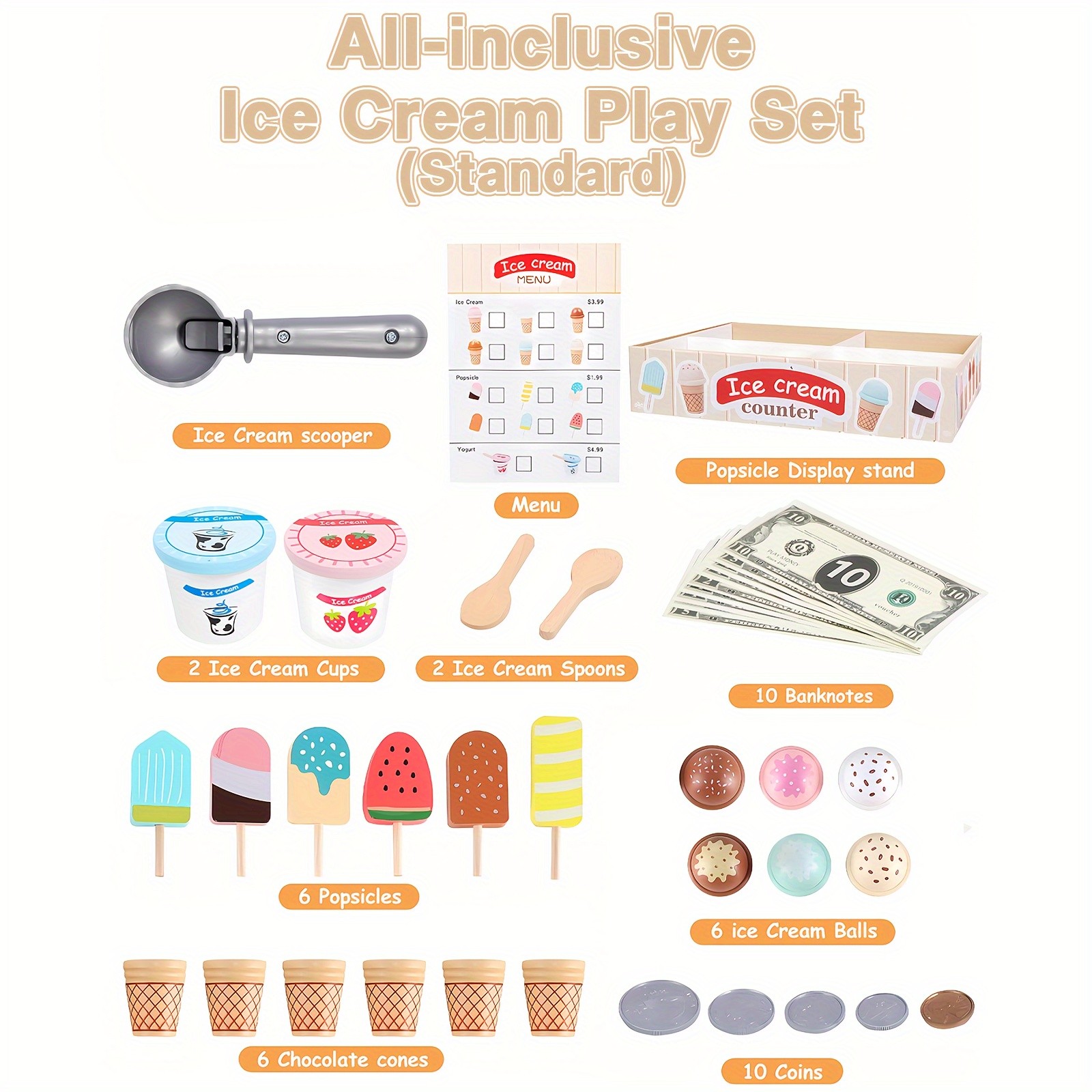 GENAI Ice Cream Counter Playset for Kids – Wooden Pretend Play Ice Cream Shop Fun