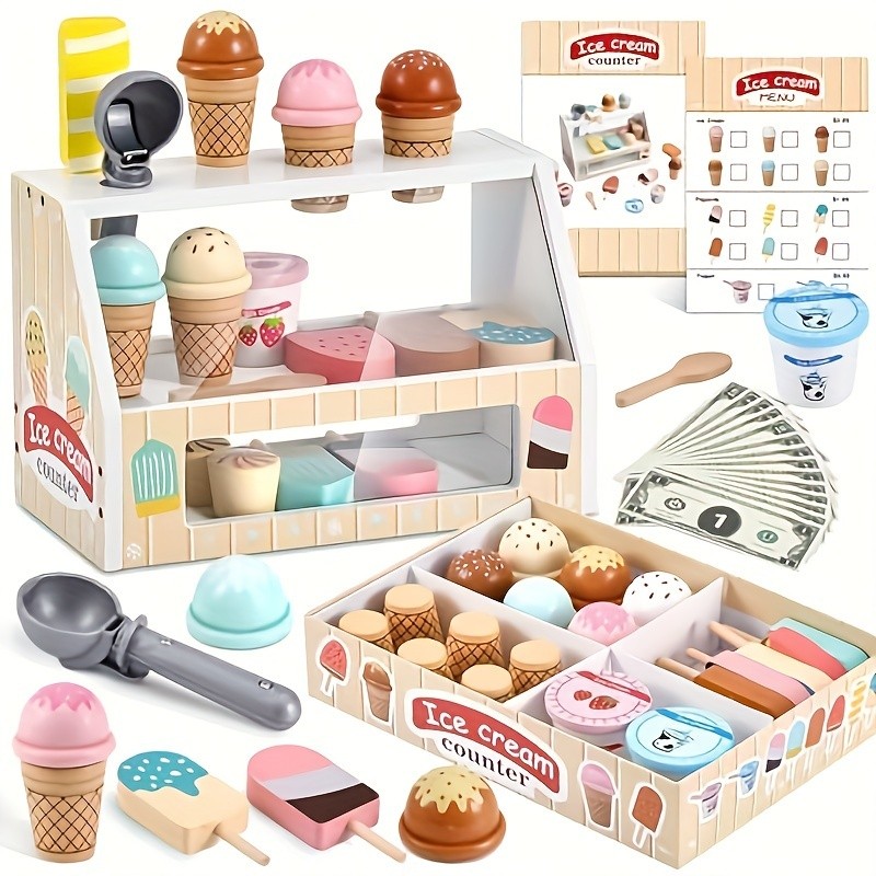 GENAI Ice Cream Counter Playset for Kids – Wooden Pretend Play Ice Cream Shop Fun