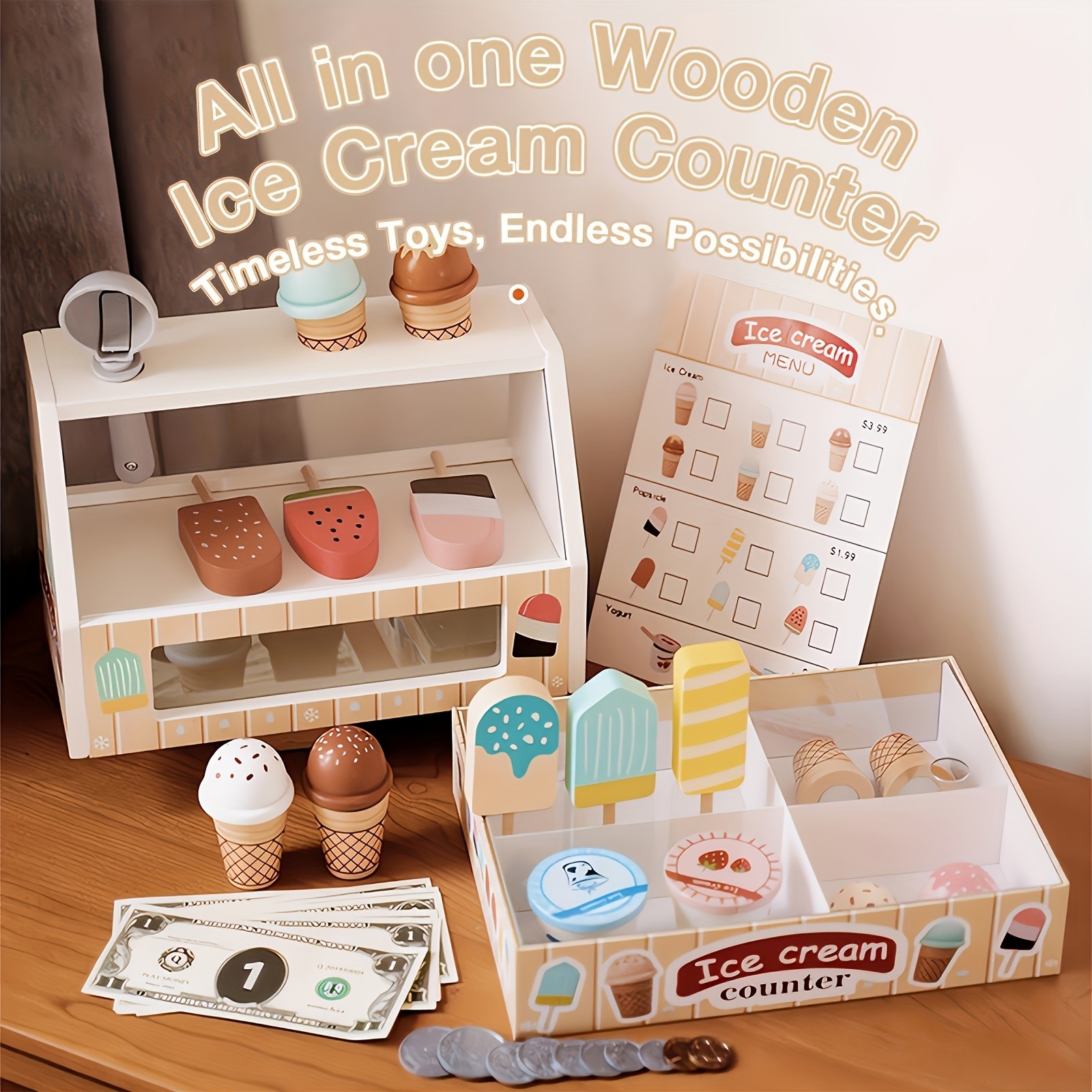 GENAI Ice Cream Counter Playset for Kids – Wooden Pretend Play Ice Cream Shop Fun