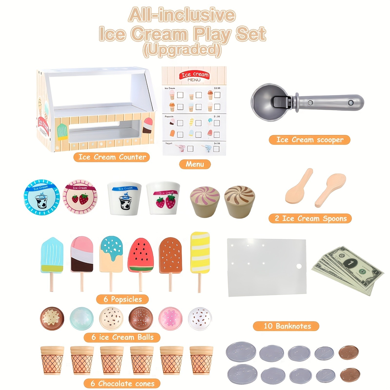 GENAI Ice Cream Counter Playset for Kids – Wooden Pretend Play Ice Cream Shop Fun