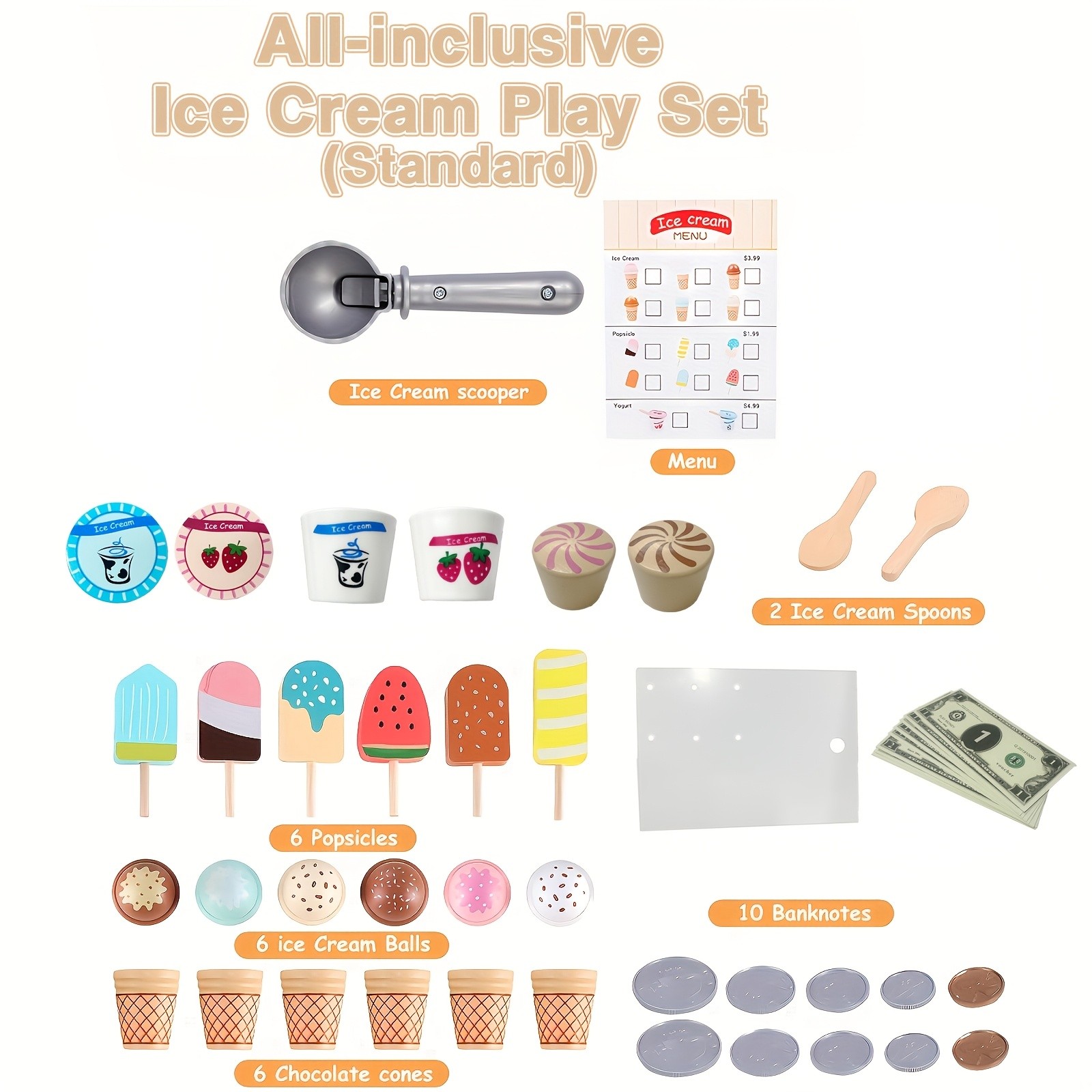 GENAI Ice Cream Counter Playset for Kids – Wooden Pretend Play Ice Cream Shop Fun