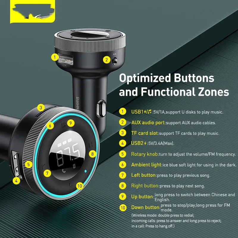 Multi-function QC3.0 Digital Display Car Charger Player Car USB Flash Drive