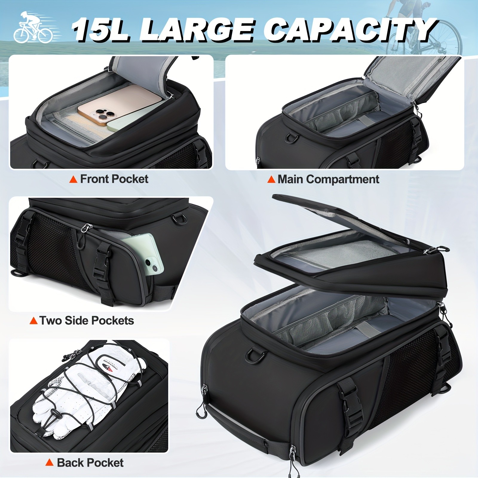 RAINSMORE 4-in-1 Expandable Bike Bag – Ultimate 15L Storage for Cycling, Commuting & Outdoor Adventures