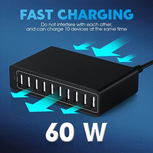 60W Multi-Port 10-Port USB Charger – Power Every Device, Anywhere, Anytime