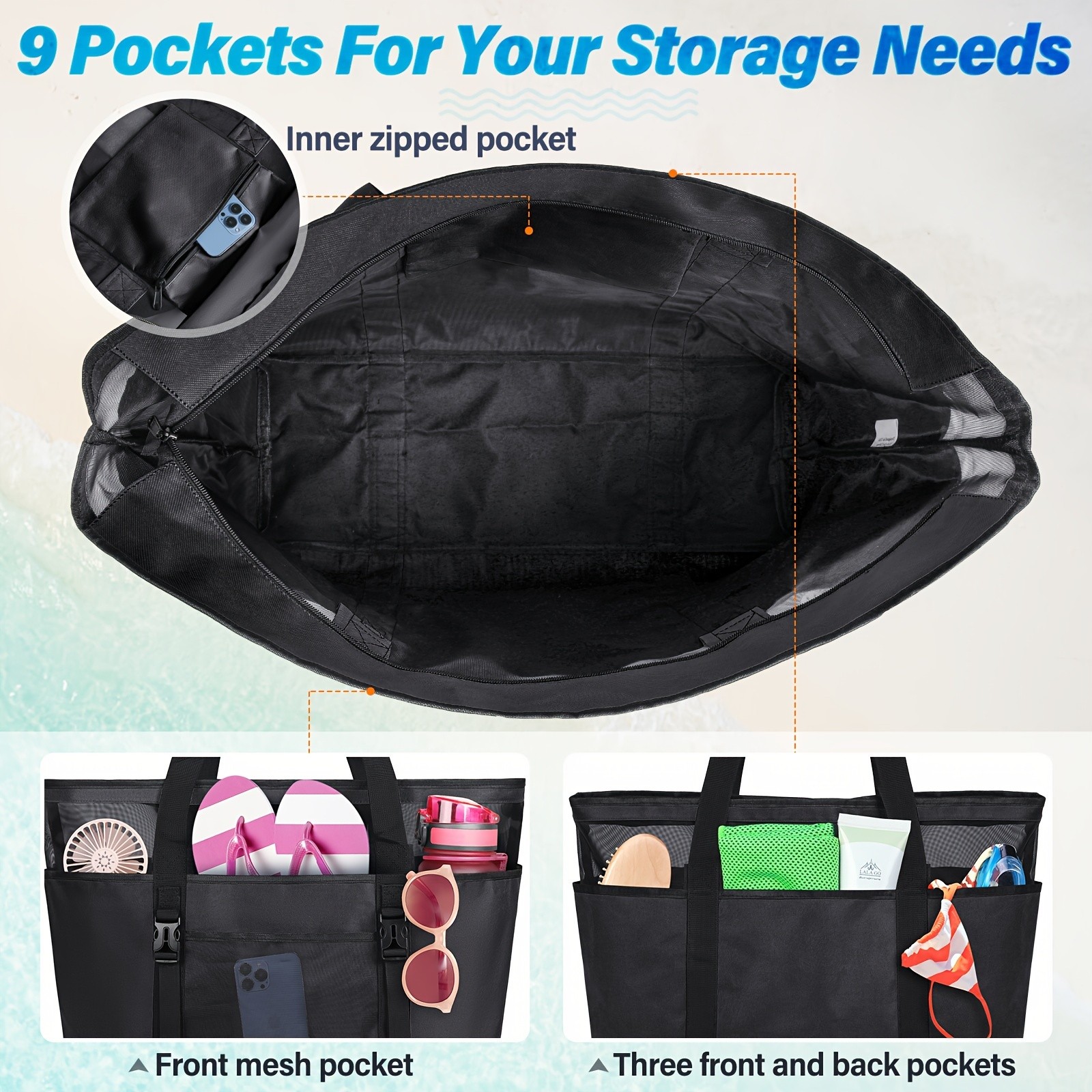 RAINSMORE Large Capacity Beach Tote – Spacious, Durable & Perfect for Family Beach Adventures