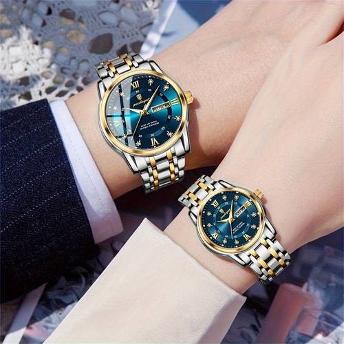 POEDAGAR His & Hers Matching Couple Watches – Elegant Blue & Gold Timepieces for Timeless Love