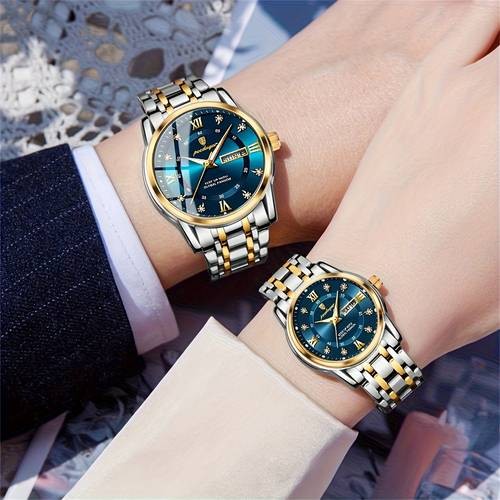 POEDAGAR His & Hers Matching Couple Watches – Elegant Blue & Gold Timepieces for Timeless Love