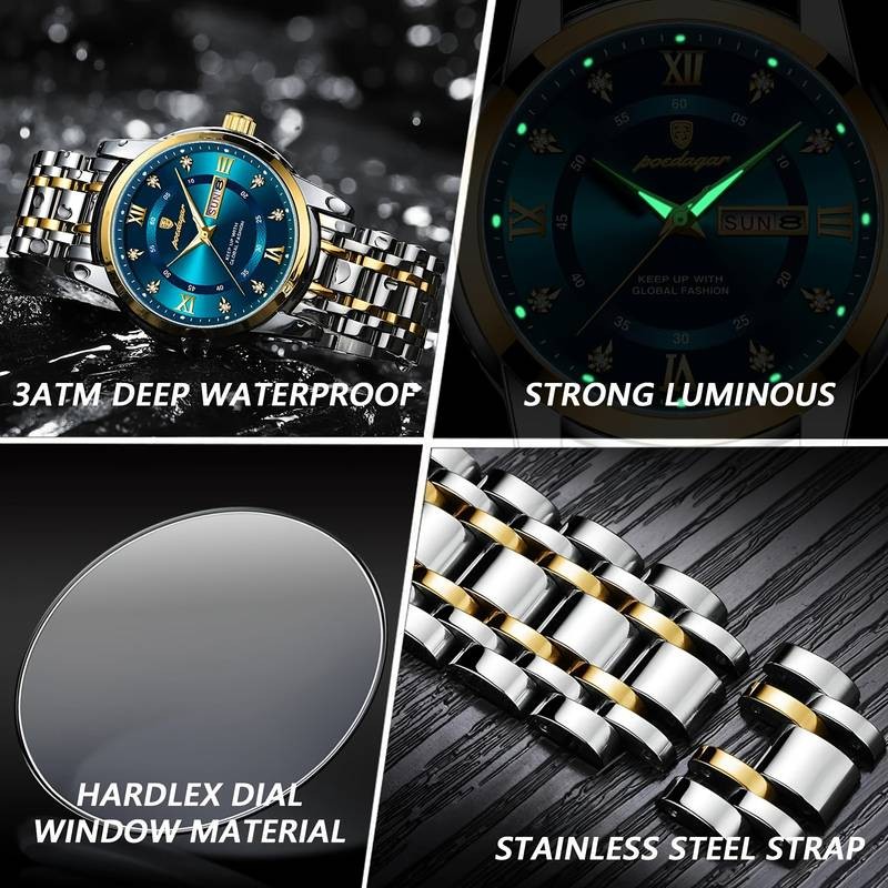 POEDAGAR His & Hers Matching Couple Watches – Elegant Blue & Gold Timepieces for Timeless Love