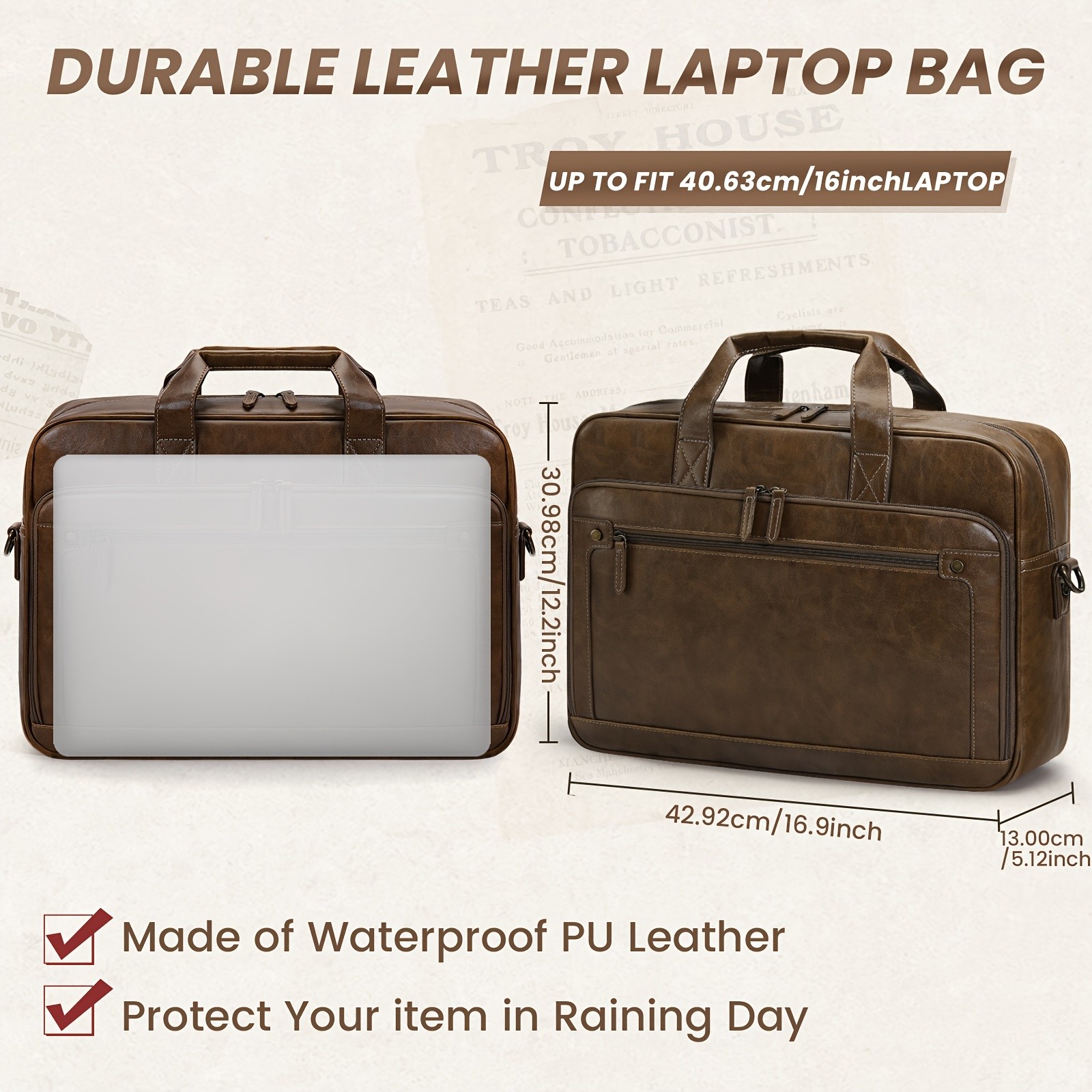 RAINSMORE Men’s 16-Inch Laptop Bag – Retro PU Leather Briefcase for Work, Business & Travel