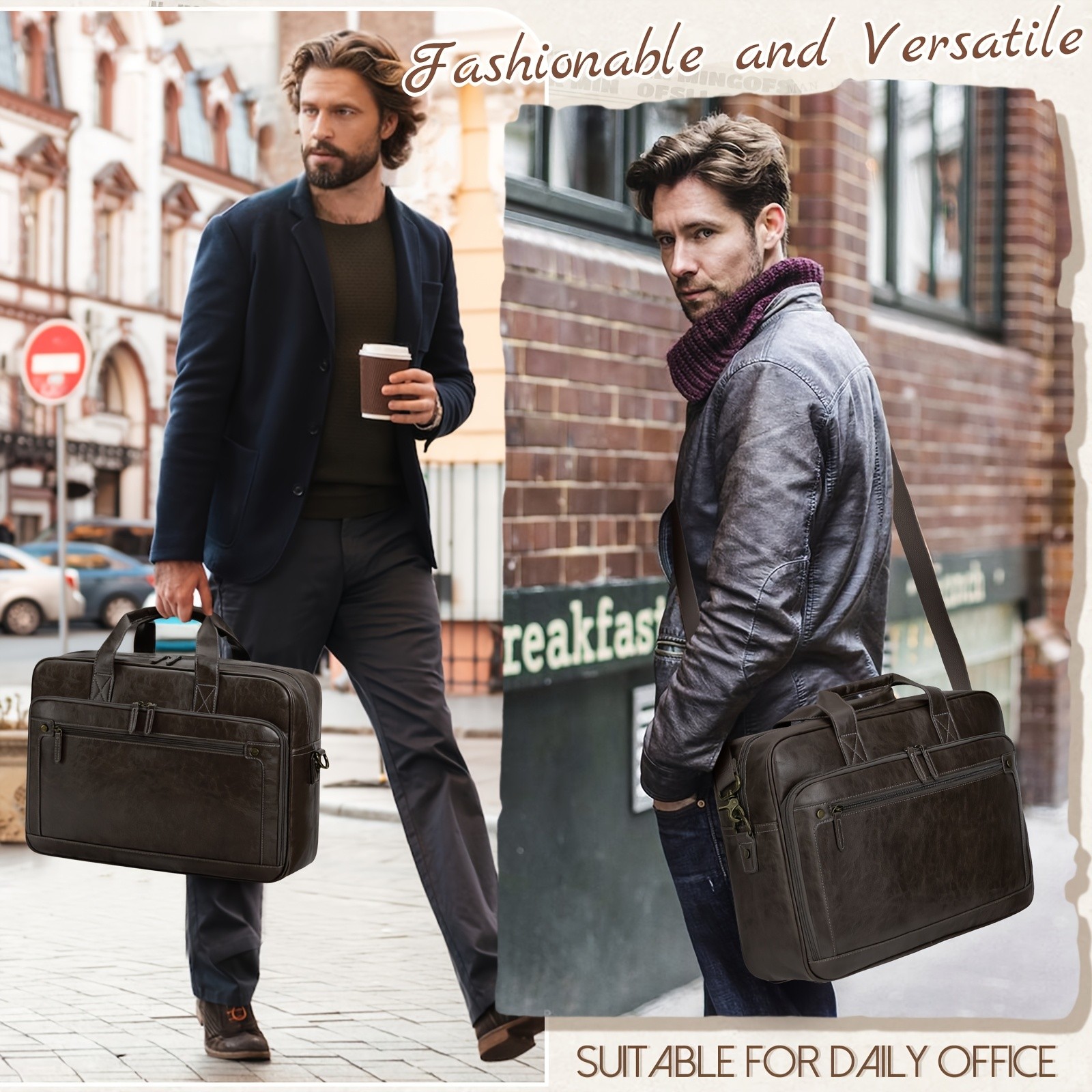 RAINSMORE Men’s 16-Inch Laptop Bag – Retro PU Leather Briefcase for Work, Business & Travel