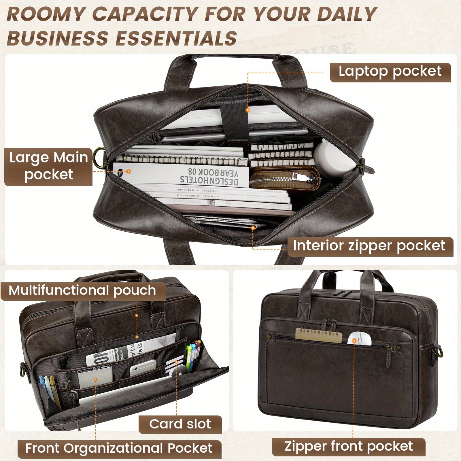 RAINSMORE Men’s 16-Inch Laptop Bag – Retro PU Leather Briefcase for Work, Business & Travel