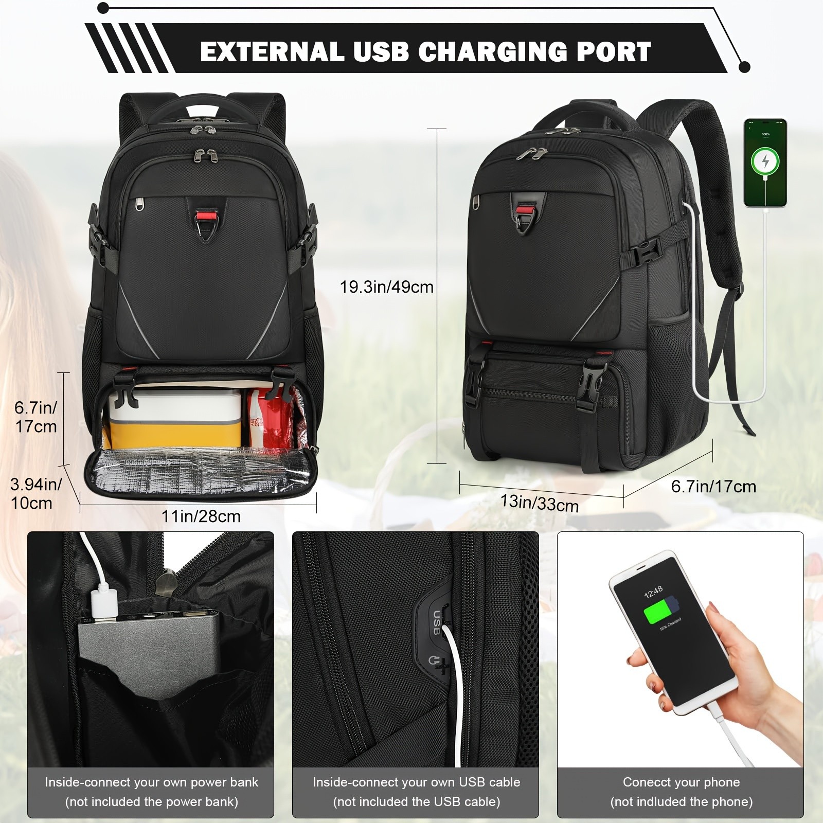 RAINSMORE 43.94 cm Laptop Backpack – USB Charging, Lunch Compartment & Heavy-Duty Design for Work & Travel