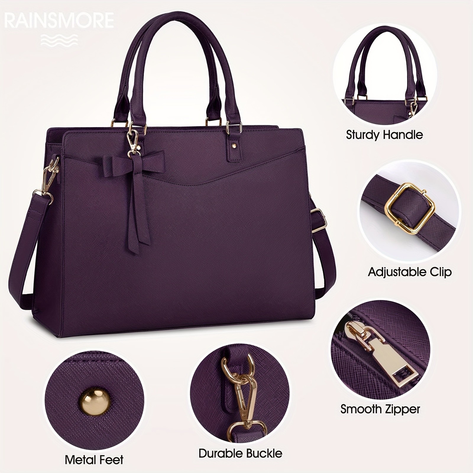 RAINSMORE Women’s 39.62 cm Laptop Bag – Elegant Deep Purple Tote for Work, Travel & School