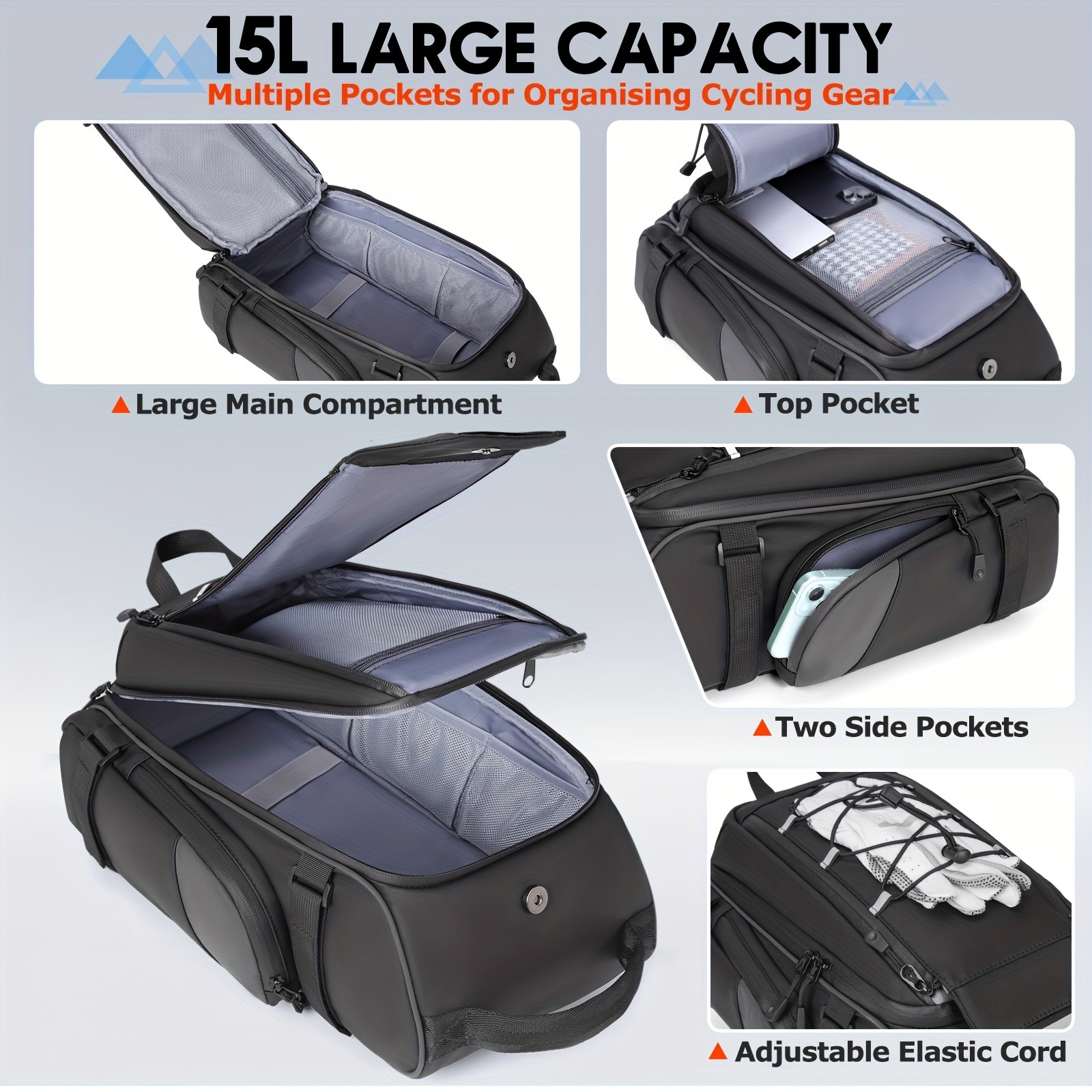 NUBILY 3-in-1 Bicycle Rear Rack Bag – 15L Durable Oxford Storage with Rain Cover & Reflective Safety