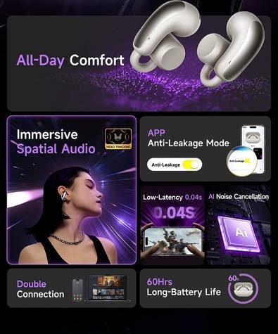 Picun W3 OWS Wireless Headphones – 60H Power, 3D Surround Sound & Lightweight Open-Wear Comfort