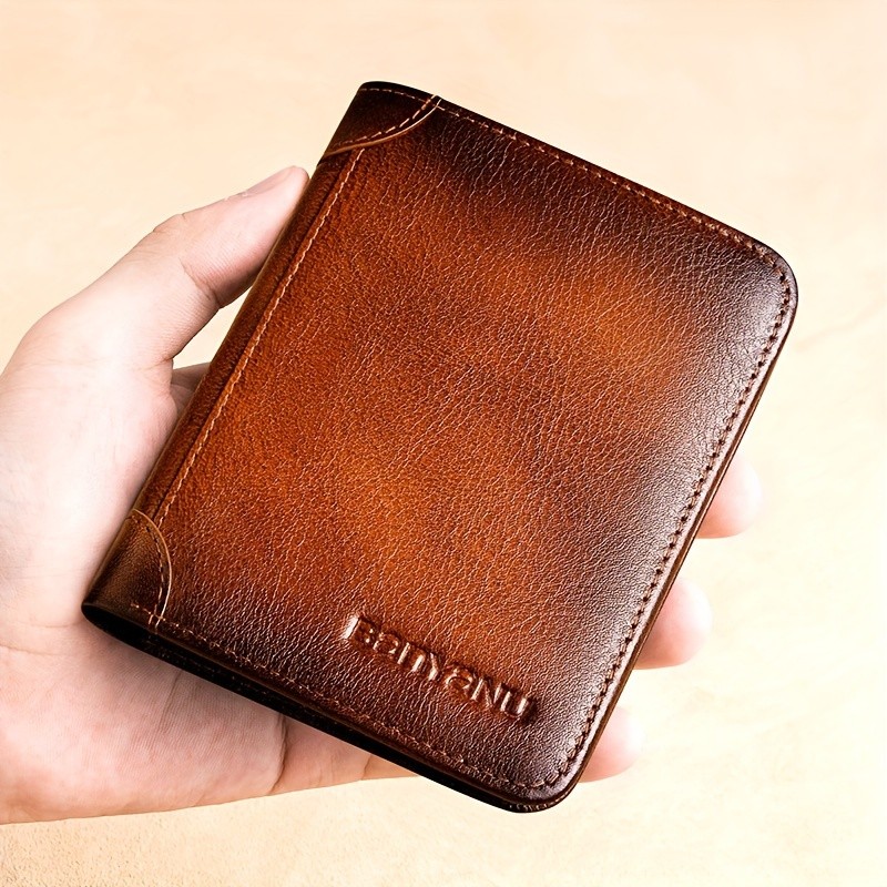 BANYANU Men’s Genuine Leather Short Wallet – Brown Three-Fold Casual Wallet with Multi-Card Holder & Anti-Theft Protection