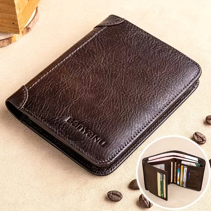 BANYANU Men’s Genuine Leather Short Wallet – Brown Three-Fold Casual Wallet with Multi-Card Holder & Anti-Theft Protection