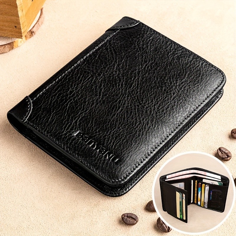 BANYANU Men’s Genuine Leather Short Wallet – Brown Three-Fold Casual Wallet with Multi-Card Holder & Anti-Theft Protection