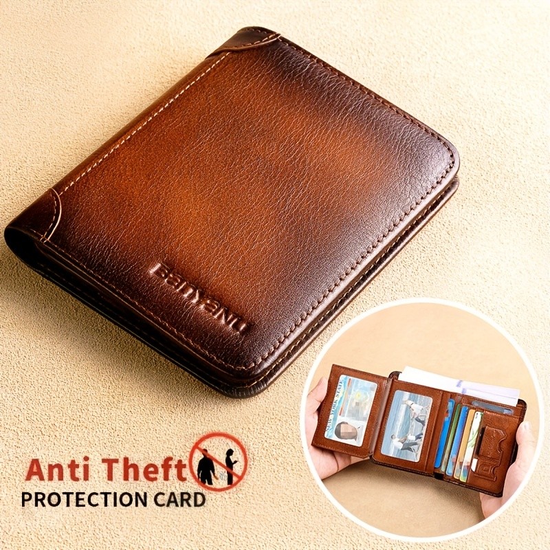 BANYANU Men’s Genuine Leather Short Wallet – Brown Three-Fold Casual Wallet with Multi-Card Holder & Anti-Theft Protection
