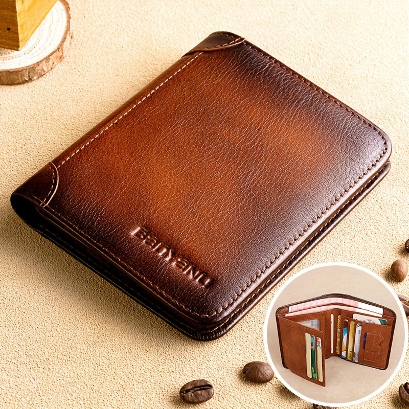 BANYANU Men’s Genuine Leather Short Wallet – Brown Three-Fold Casual Wallet with Multi-Card Holder & Anti-Theft Protection