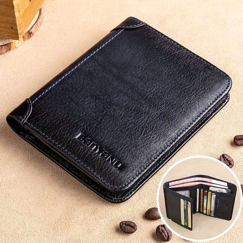 BANYANU Men’s Genuine Leather Short Wallet – Brown Three-Fold Casual Wallet with Multi-Card Holder & Anti-Theft Protection