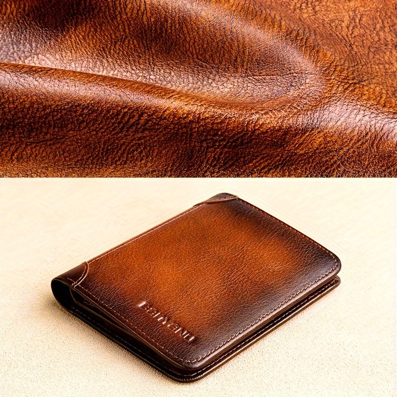 BANYANU Men’s Genuine Leather Short Wallet – Brown Three-Fold Casual Wallet with Multi-Card Holder & Anti-Theft Protection