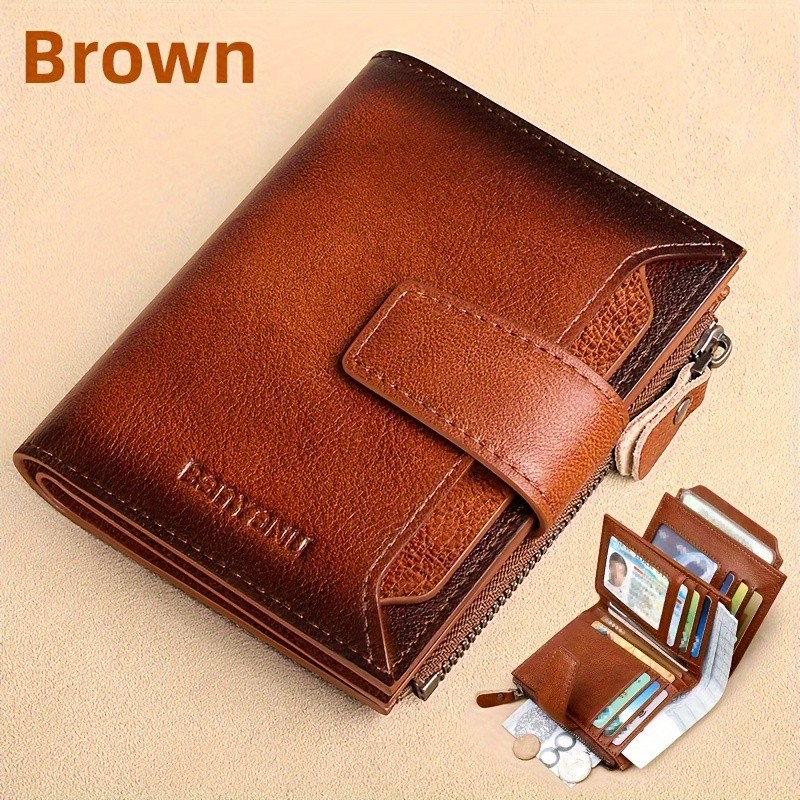 BANYANU Men’s Genuine Leather Wallet – Slim Vertical RFID-Blocking Wallet with Zipper Closure & Multi-Card Storage