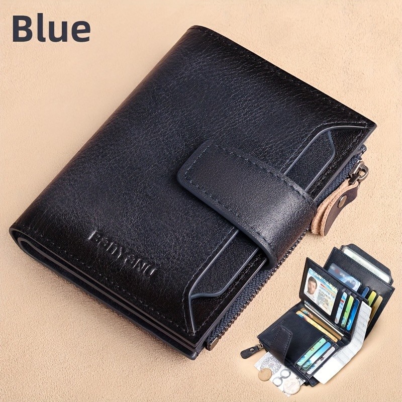 BANYANU Men’s Genuine Leather Wallet – Slim Vertical RFID-Blocking Wallet with Zipper Closure & Multi-Card Storage