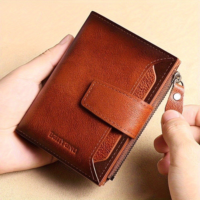 BANYANU Men’s Genuine Leather Wallet – Slim Vertical RFID-Blocking Wallet with Zipper Closure & Multi-Card Storage