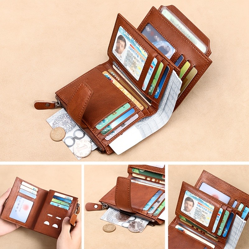 BANYANU Men’s Genuine Leather Wallet – Slim Vertical RFID-Blocking Wallet with Zipper Closure & Multi-Card Storage