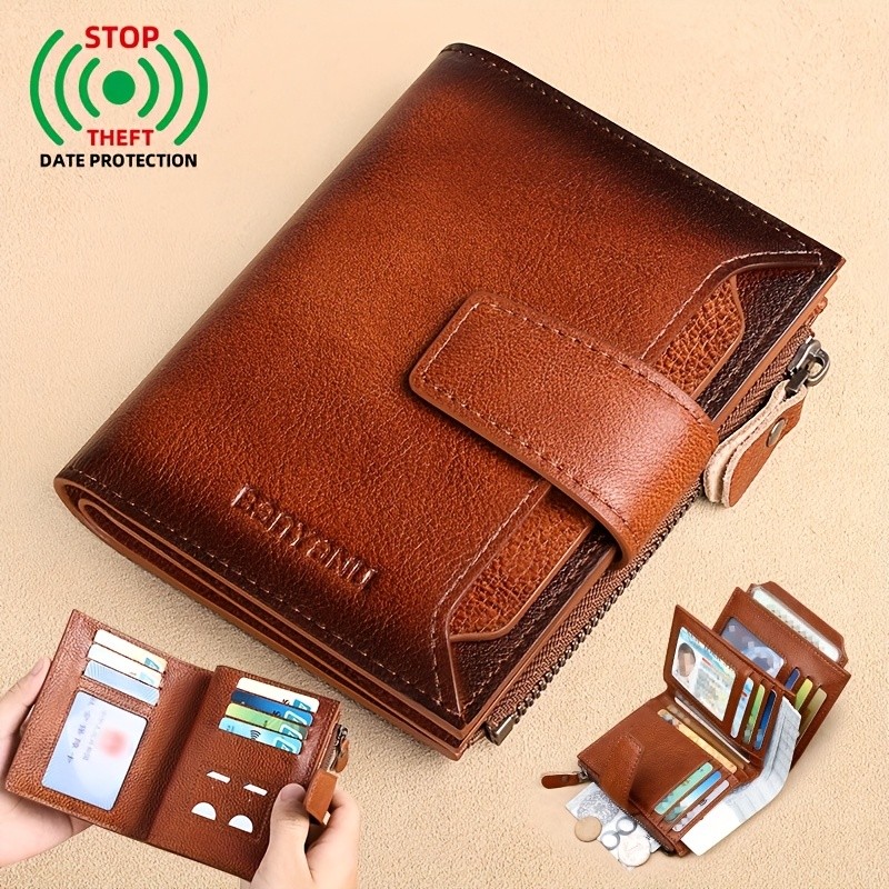 BANYANU Men’s Genuine Leather Wallet – Slim Vertical RFID-Blocking Wallet with Zipper Closure & Multi-Card Storage