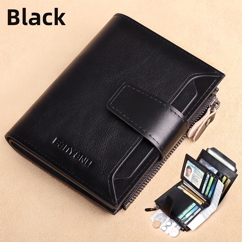 BANYANU Men’s Genuine Leather Wallet – Slim Vertical RFID-Blocking Wallet with Zipper Closure & Multi-Card Storage