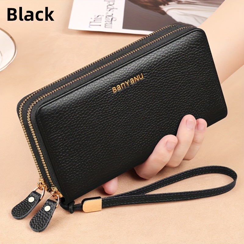 BANYANU Women’s Elegant Genuine Leather Wallet with Wristlet – Large Capacity RFID-Blocking Double-Zip Clutch (Guangzhou Edition)