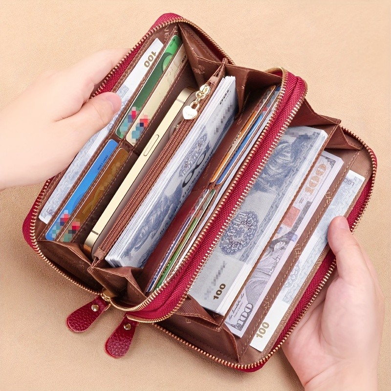 BANYANU Women’s Elegant Genuine Leather Wallet with Wristlet – Large Capacity RFID-Blocking Double-Zip Clutch (Guangzhou Edition)