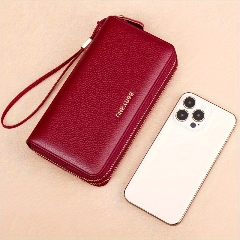BANYANU Women’s Elegant Genuine Leather Wallet with Wristlet – Large Capacity RFID-Blocking Double-Zip Clutch (Guangzhou Edition)
