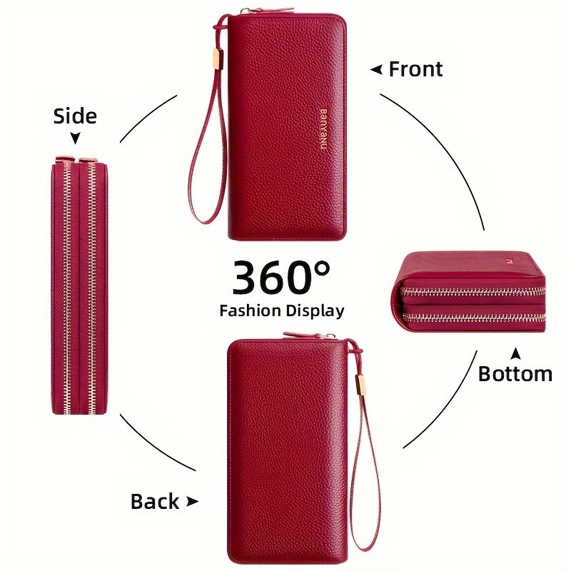 BANYANU Women’s Elegant Genuine Leather Wallet with Wristlet – Large Capacity RFID-Blocking Double-Zip Clutch (Guangzhou Edition)