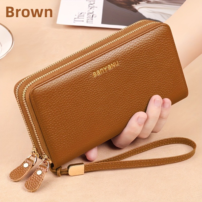 BANYANU Women’s Elegant Genuine Leather Wallet with Wristlet – Large Capacity RFID-Blocking Double-Zip Clutch (Guangzhou Edition)
