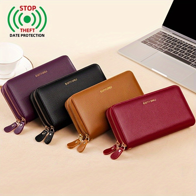 BANYANU Women’s Elegant Genuine Leather Wallet with Wristlet – Large Capacity RFID-Blocking Double-Zip Clutch (Guangzhou Edition)