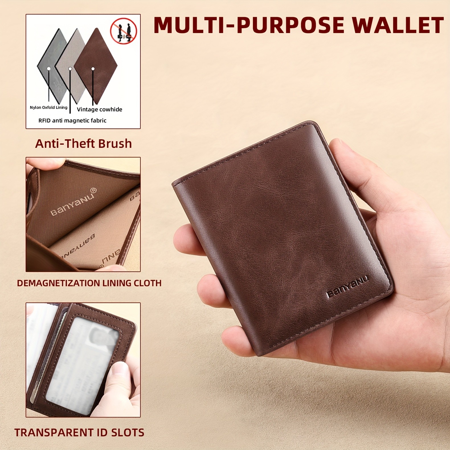 BANYANU Vintage Genuine Leather Men’s Wallet – Slim Top-Layer Cowhide with Multi-Card Holder & Secure Snap Closure