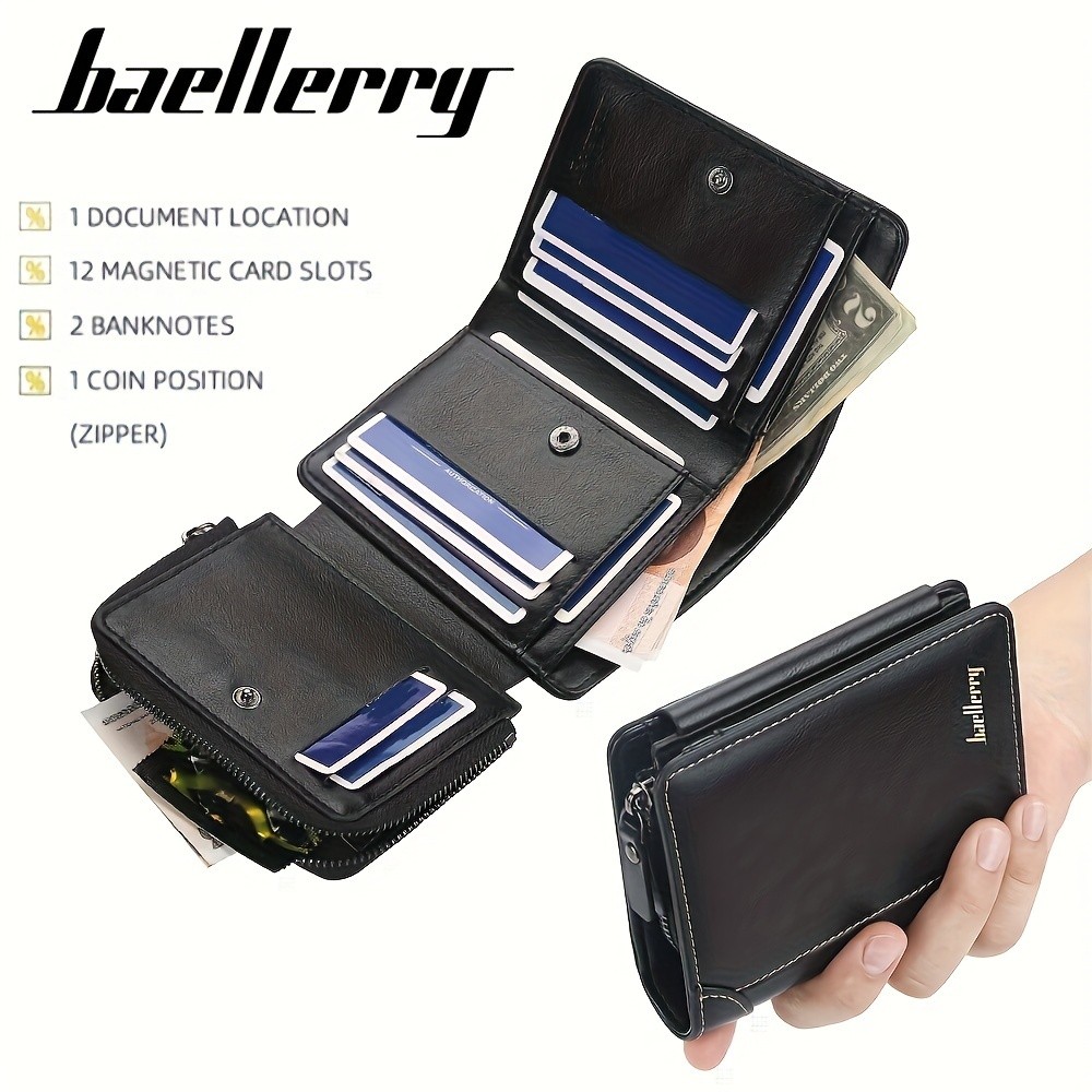 BAELLERRY Men’s 13-Card Vintage Tri-Fold Buckle Wallet – Faux Leather with Zipper Coin Purse