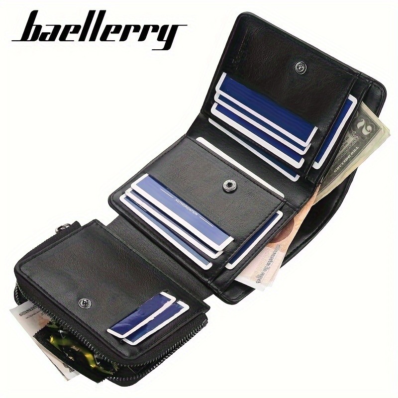 BAELLERRY Men’s 13-Card Vintage Tri-Fold Buckle Wallet – Faux Leather with Zipper Coin Purse