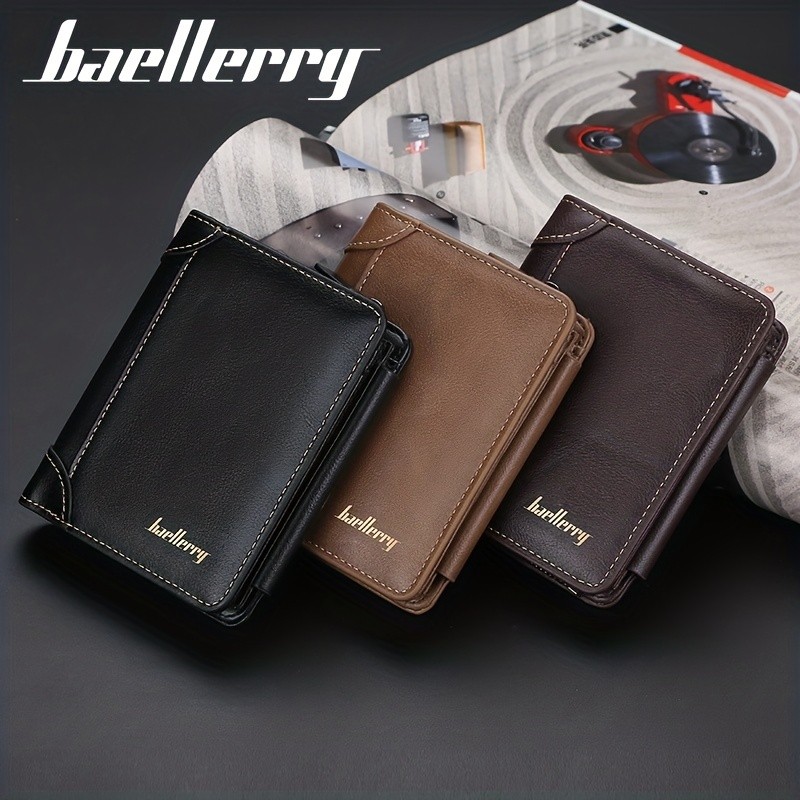 BAELLERRY Men’s 13-Card Vintage Tri-Fold Buckle Wallet – Faux Leather with Zipper Coin Purse