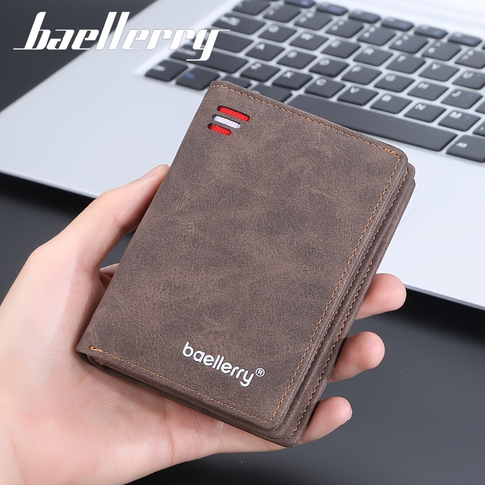 BAELLERRY Men’s Business Retro Short Wallet – PU Leather Multi-Card Wallet with Buckle & Zipper Bank Card Holder