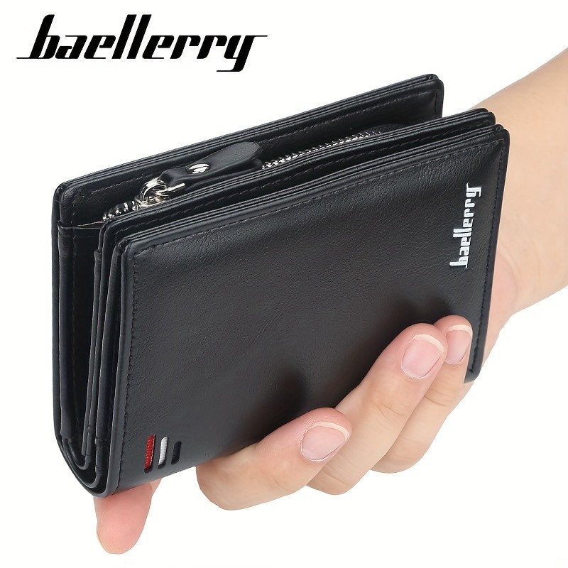 BAELLERRY Men’s Business Retro Short Wallet – PU Leather Multi-Card Wallet with Buckle & Zipper Bank Card Holder