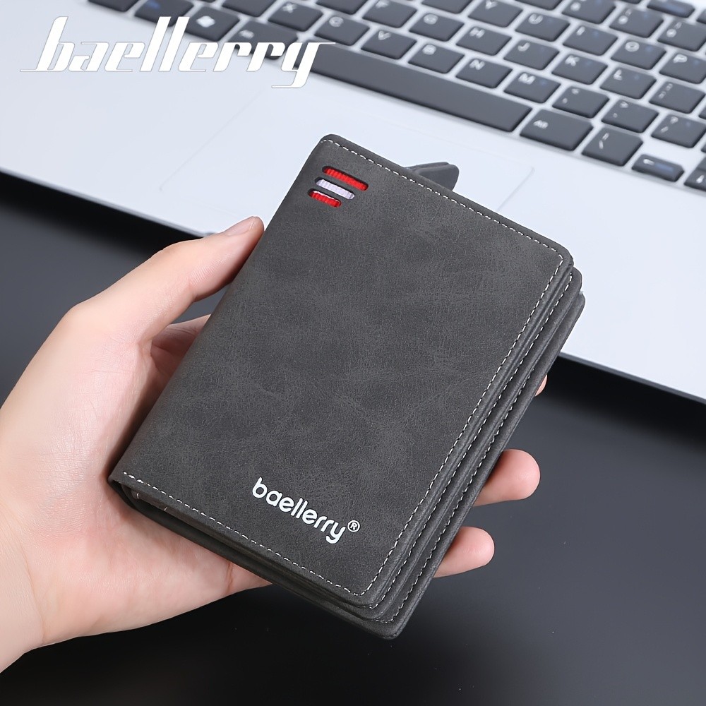 BAELLERRY Men’s Business Retro Short Wallet – PU Leather Multi-Card Wallet with Buckle & Zipper Bank Card Holder