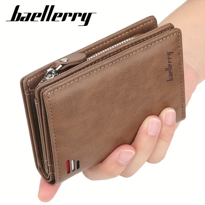 BAELLERRY Men’s Business Retro Short Wallet – PU Leather Multi-Card Wallet with Buckle & Zipper Bank Card Holder