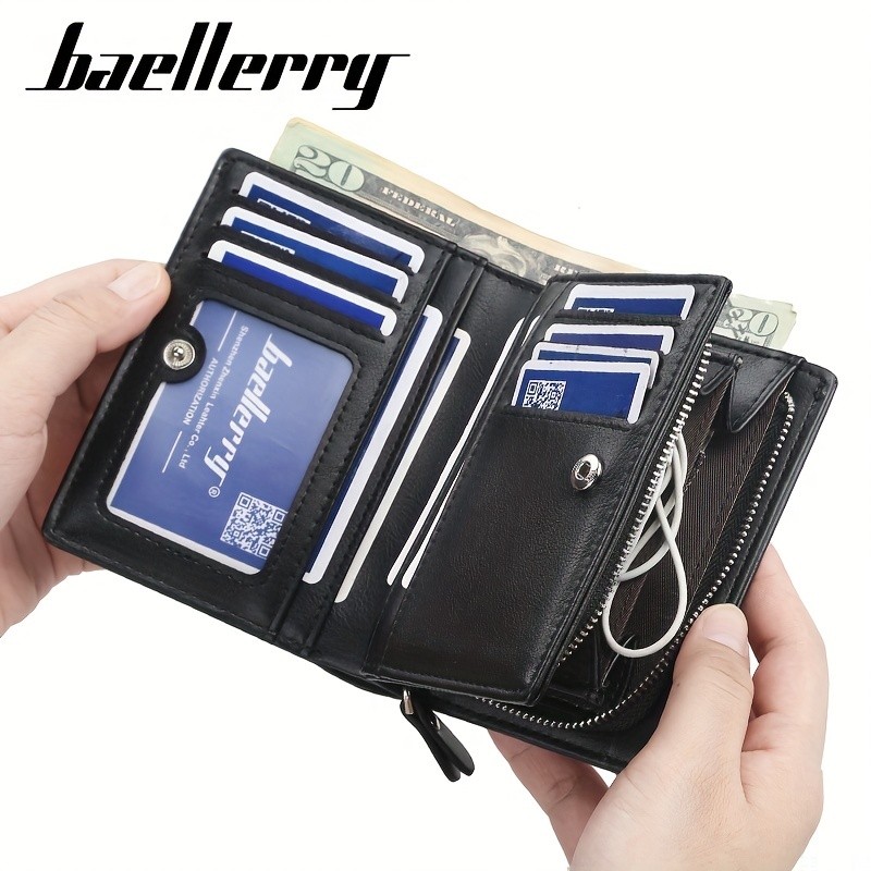 BAELLERRY Men’s Business Retro Short Wallet – PU Leather Multi-Card Wallet with Buckle & Zipper Bank Card Holder